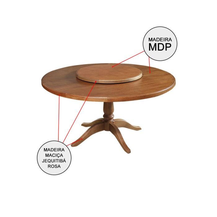 Mesa de Jantar Redonda 1,60m com Prato Giratório Madeira Maciça Amélia - Imagem 3
