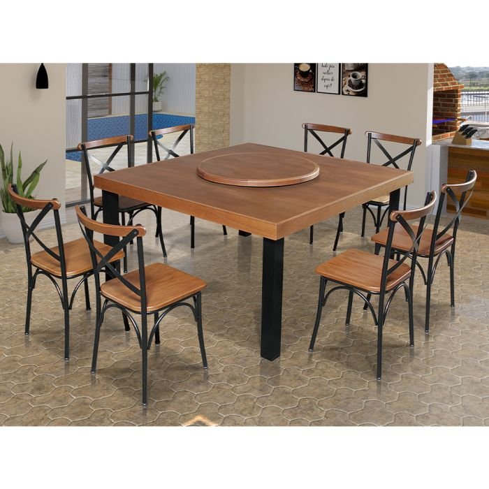Conjunto Jantar Mesa Industrial Sophia 1,50m Prato Giratório Madeira 8 Cadeiras Paris Pés Alumínio