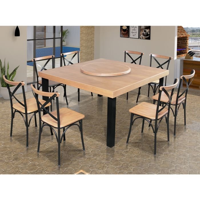 Conjunto Jantar Mesa Industrial Sophia 1,50m Prato Giratório Madeira 8 Cadeiras Paris Pés Alumínio - Imagem 2